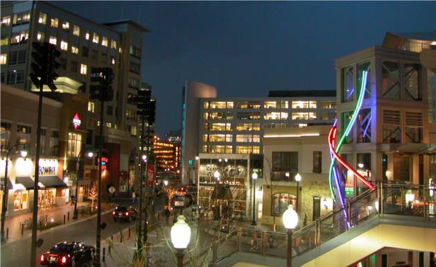 Downtown Silver Spring, MD at night.