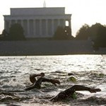 Potomac River swimmers in front of Jefferson Memorial